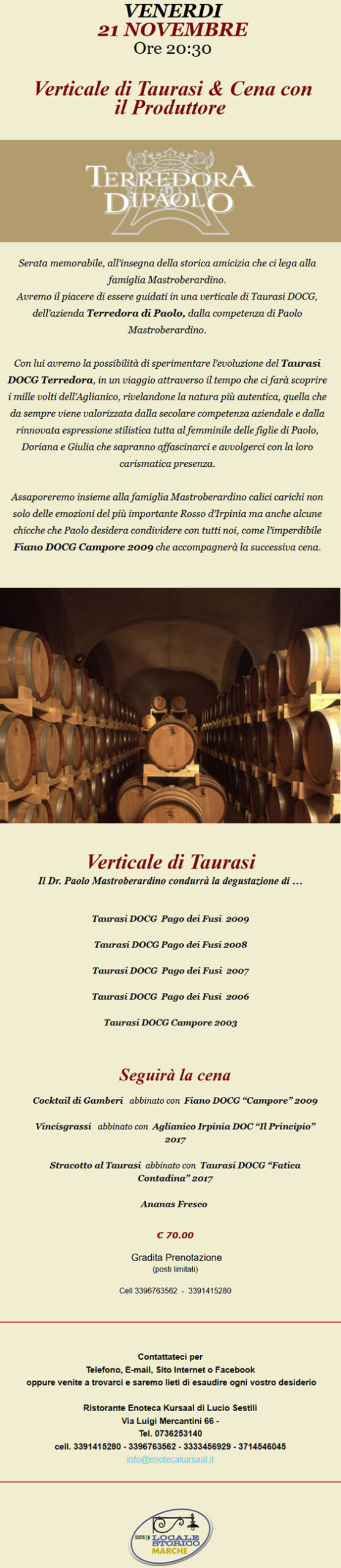 Verticale di Taurasi & Cena con il Produttore Terredora Di Paolo